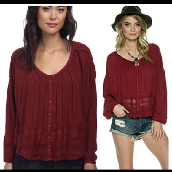Free People Cranberry Crochet Lace Raw Edge Swing Blouse Top - Picture 2 of 11